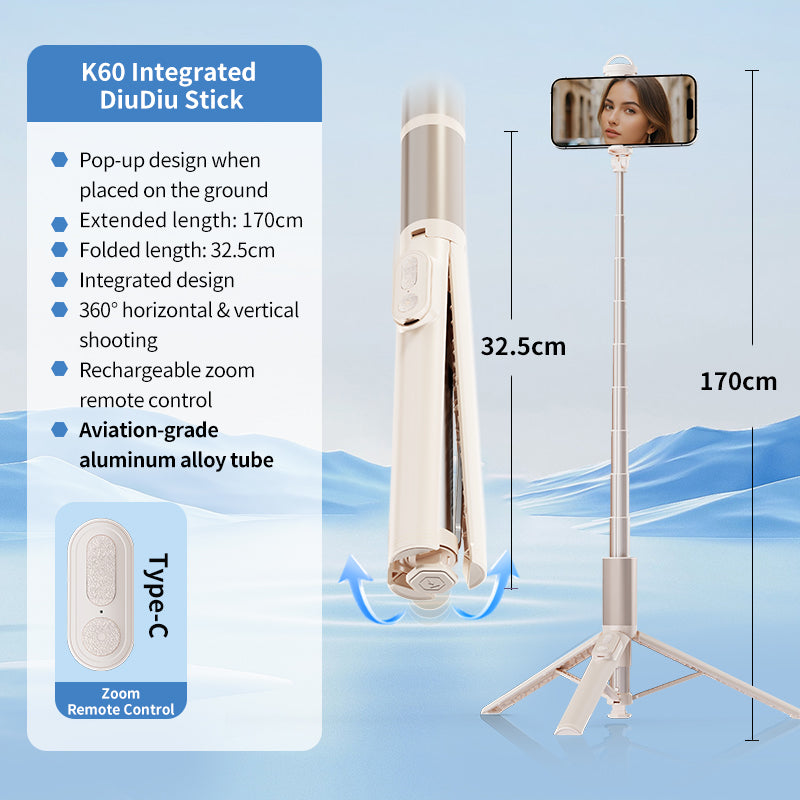 K60 All-in-One Multifunctional Selfie Stick, Auto Open Tripod, Portable Lightweight Extendable Phone Selfie Stick for Shooting Vlog