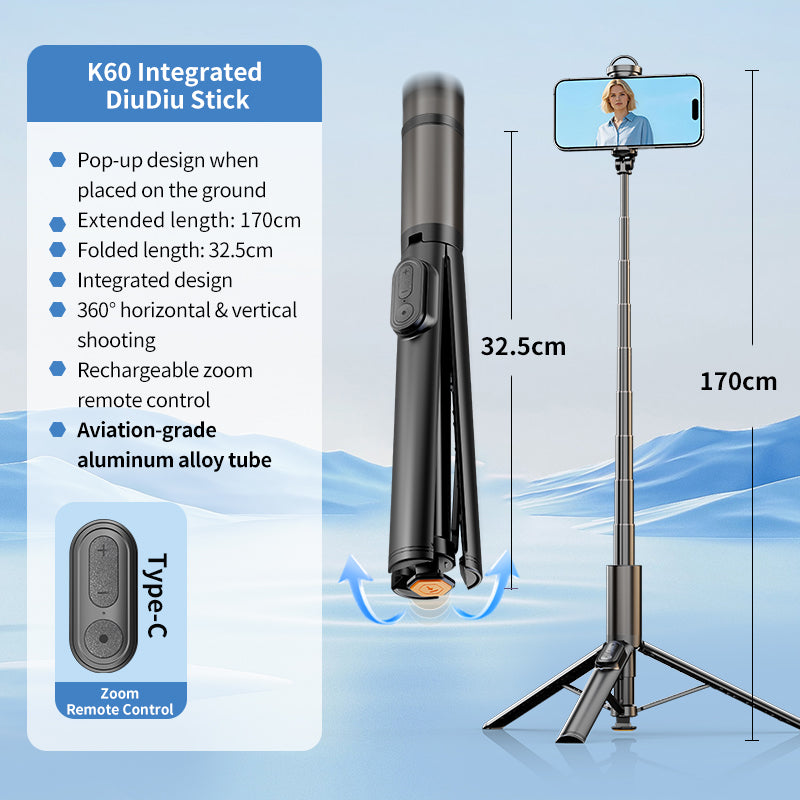 K60 All-in-One Multifunctional Selfie Stick, Auto Open Tripod, Portable Lightweight Extendable Phone Selfie Stick for Shooting Vlog