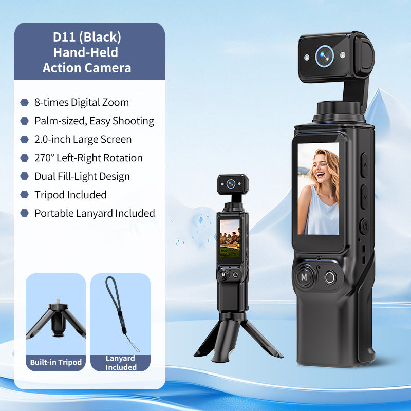 D11 Handheld Action Camera, 2 Inch Pocket HD Video Recorder for Outdoor Sports, Vlogging & Travel Shooting