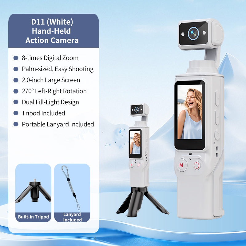 D11 Handheld Action Camera, 2 Inch Pocket HD Video Recorder for Outdoor Sports, Vlogging & Travel Shooting