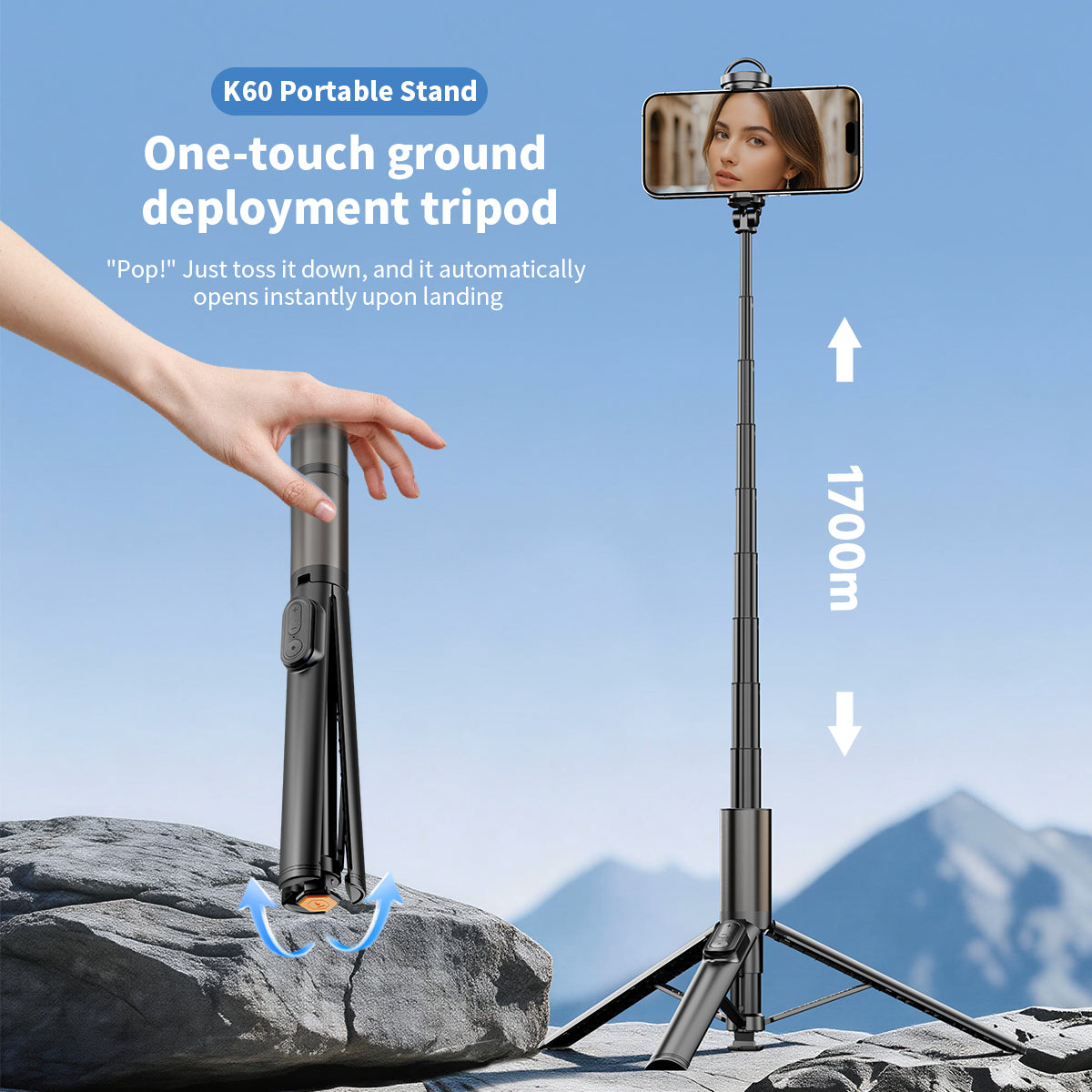 K60 All-in-One Multifunctional Selfie Stick, Auto Open Tripod, Portable Lightweight Extendable Phone Selfie Stick for Shooting Vlog